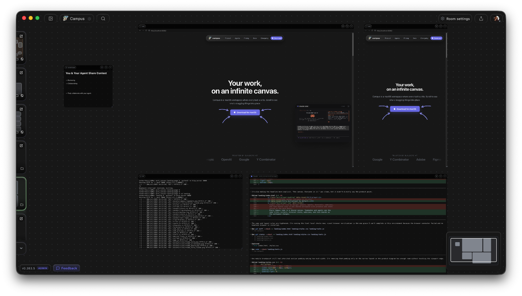 Campus workspace with browser, terminal, and agent tiles arranged on a dotted canvas